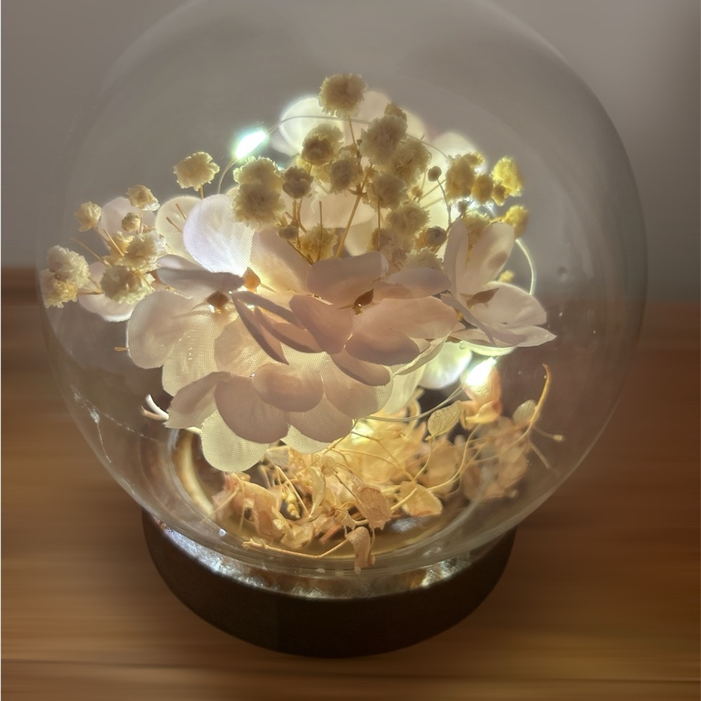 Pink Hydrangea Floral Glass Dome LED Deco